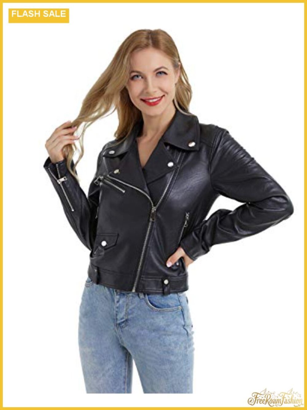 Women Faux Leather Moto Biker Jacket Slim Belted PU Coat Zip Pockets